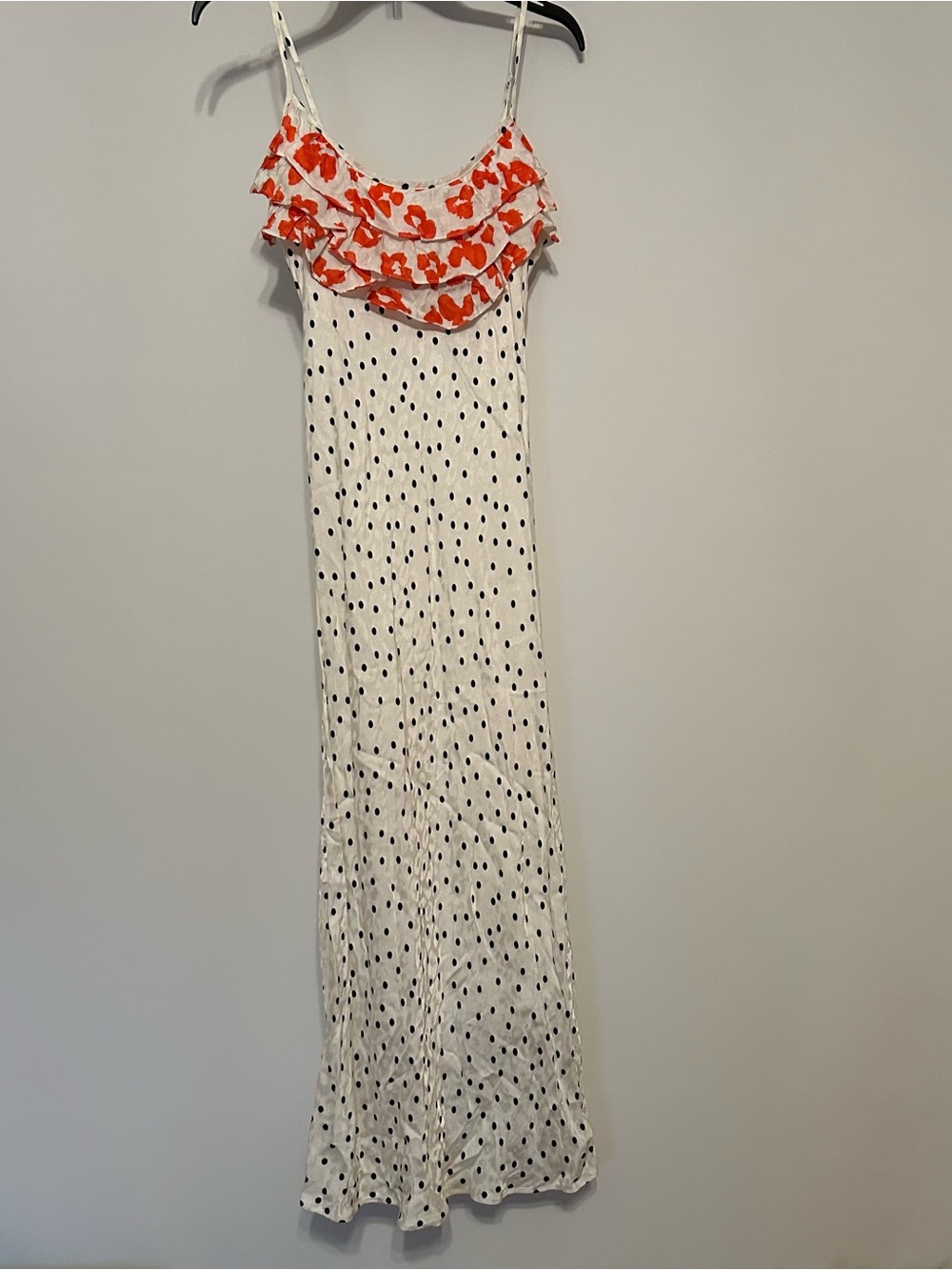 RIXO White Polka Dot Maxi Dress with Coral Ruffle